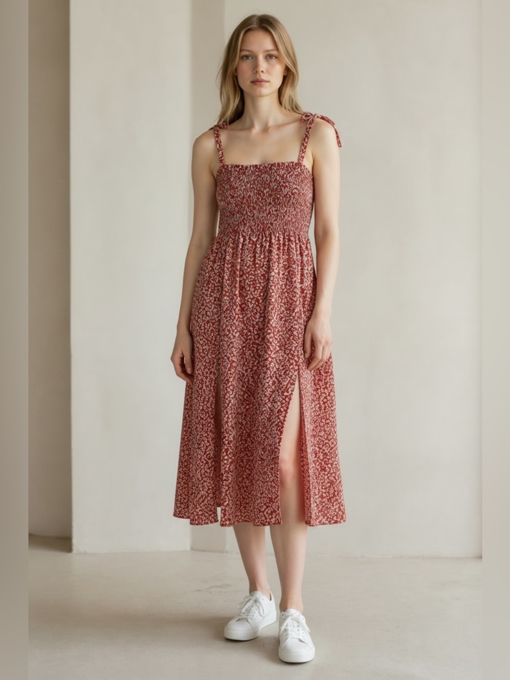 Old Navy Rust Floral Tie-Shoulder Split Front  Midi Dress Sz M Cotton Blend